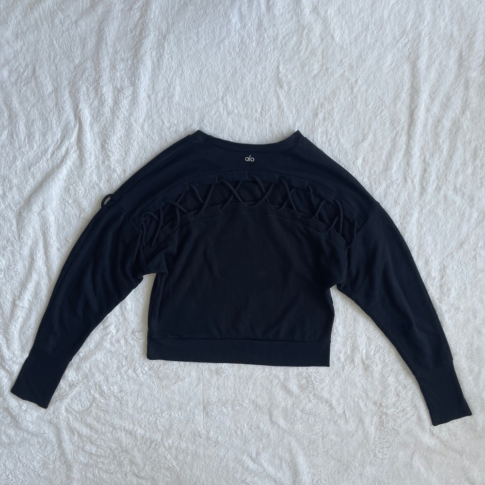 Alo Yoga Lattice Long Sleeve Pullover Sweatshirt Black Size Medium - Picture 5 of 7